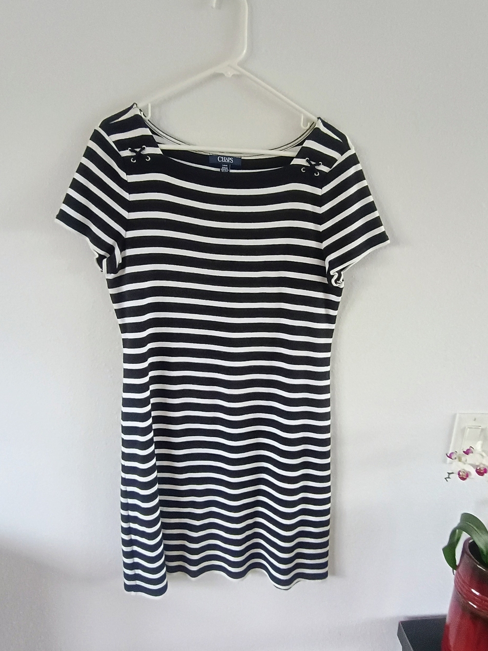 Chaps Black White Striped Nautical Boat Neck Cotton Dress Womens Large